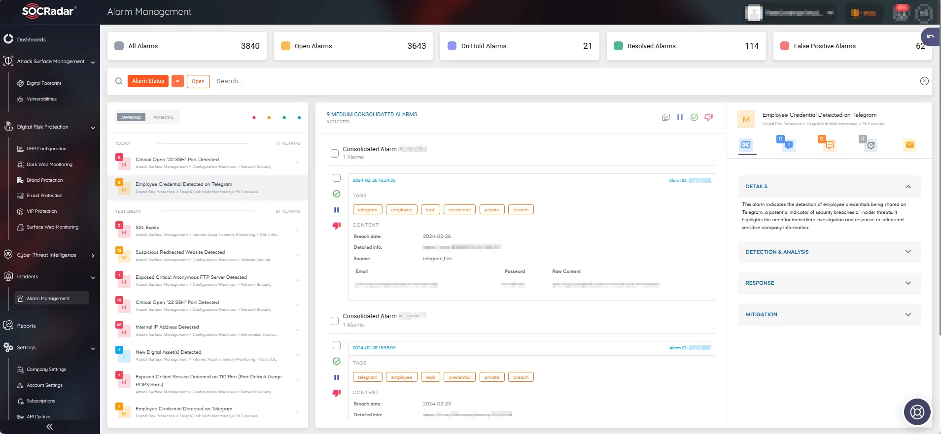 SOCRadar’s Alarm Management page