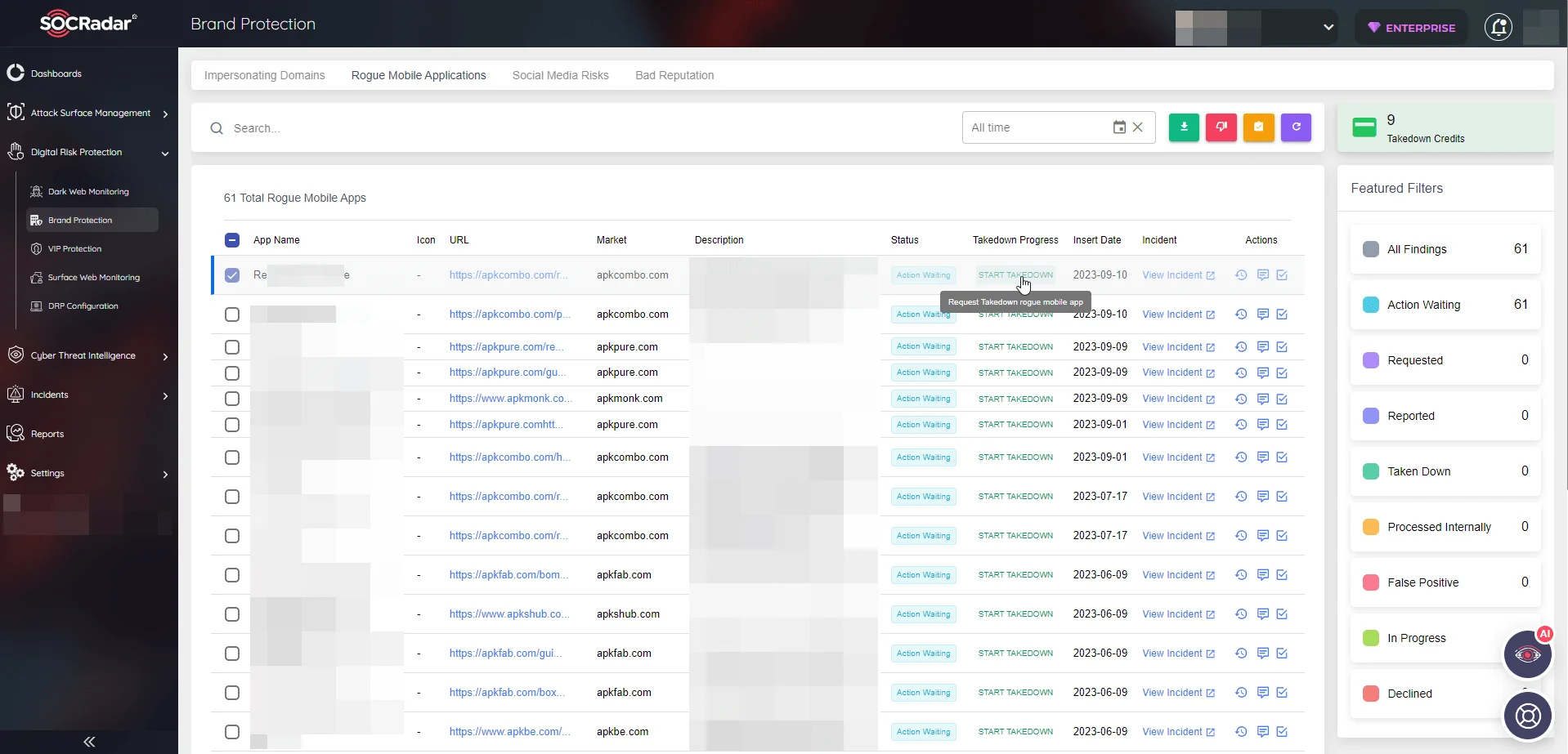 Figure 4 - Rogue mobile app dashboard and takedown option