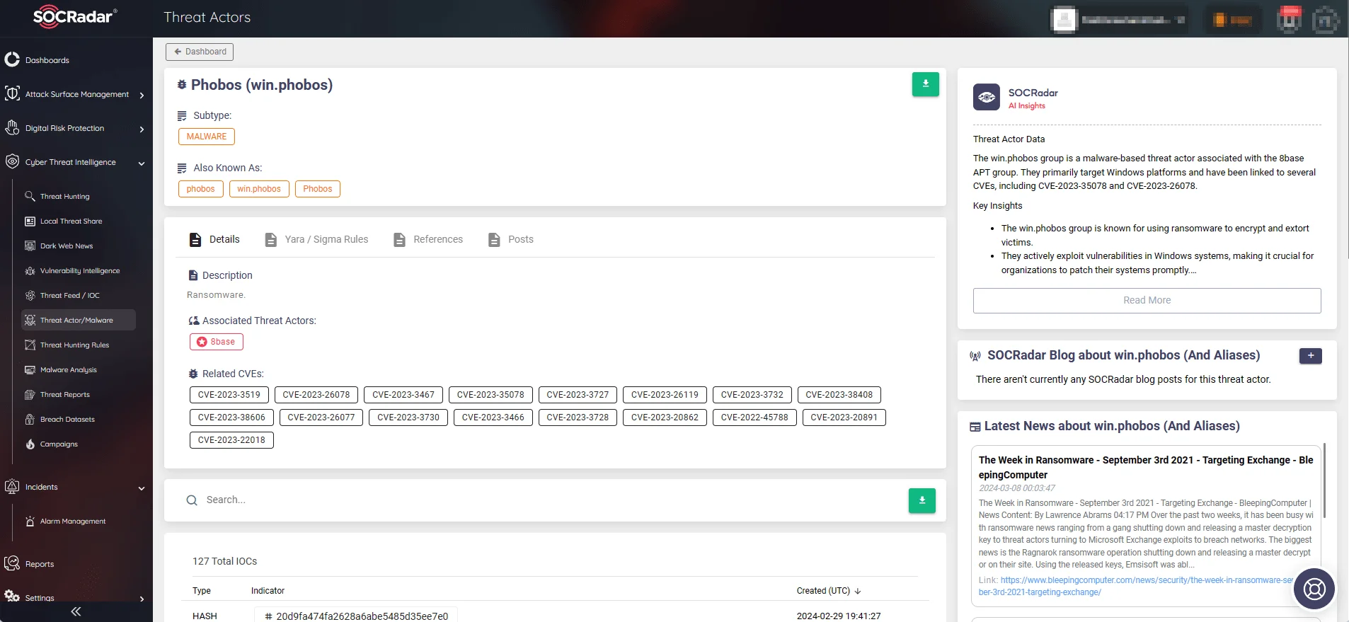 Phobos Malware on SOCRadar’s Threat Actor/Malware page