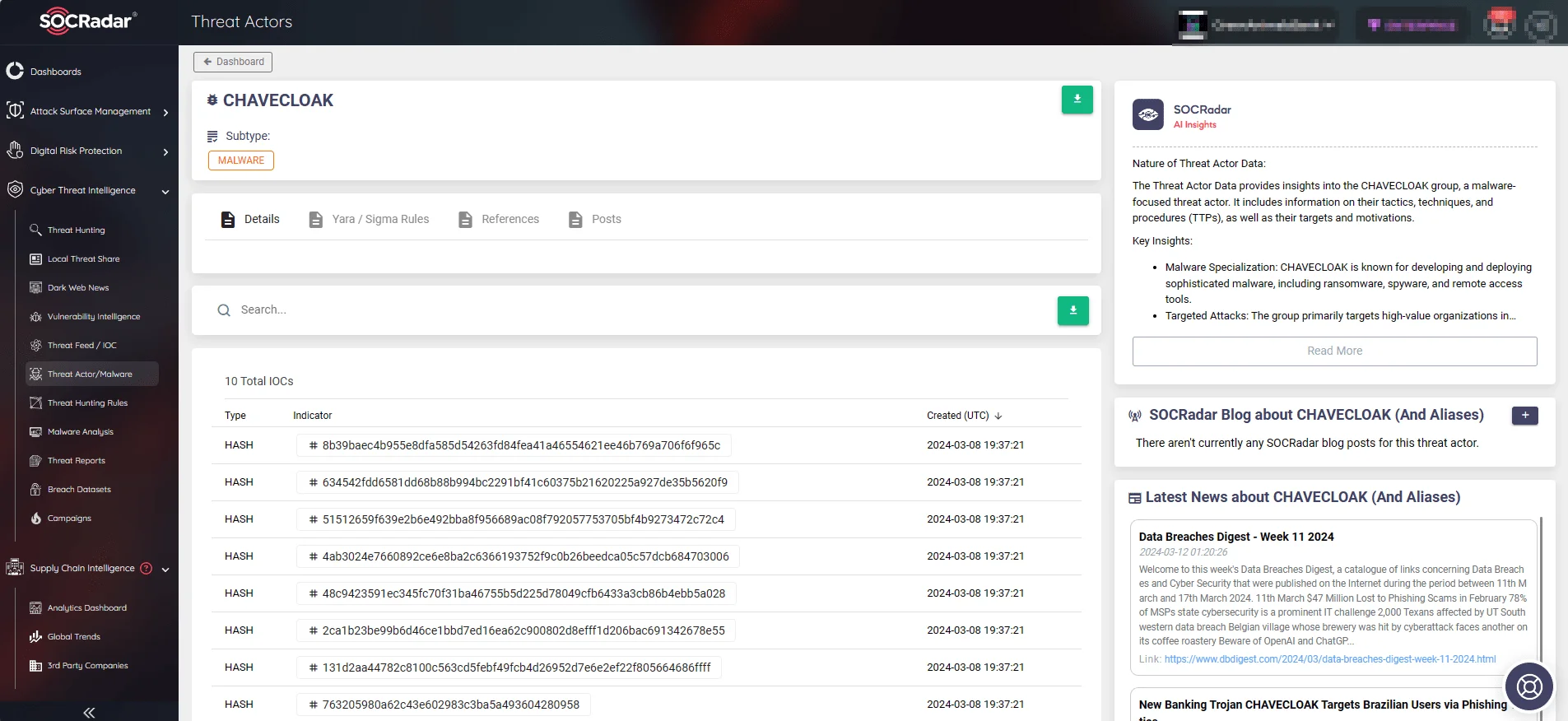 SOCRadar Threat Actors/Malware page, CHAVECLOAK