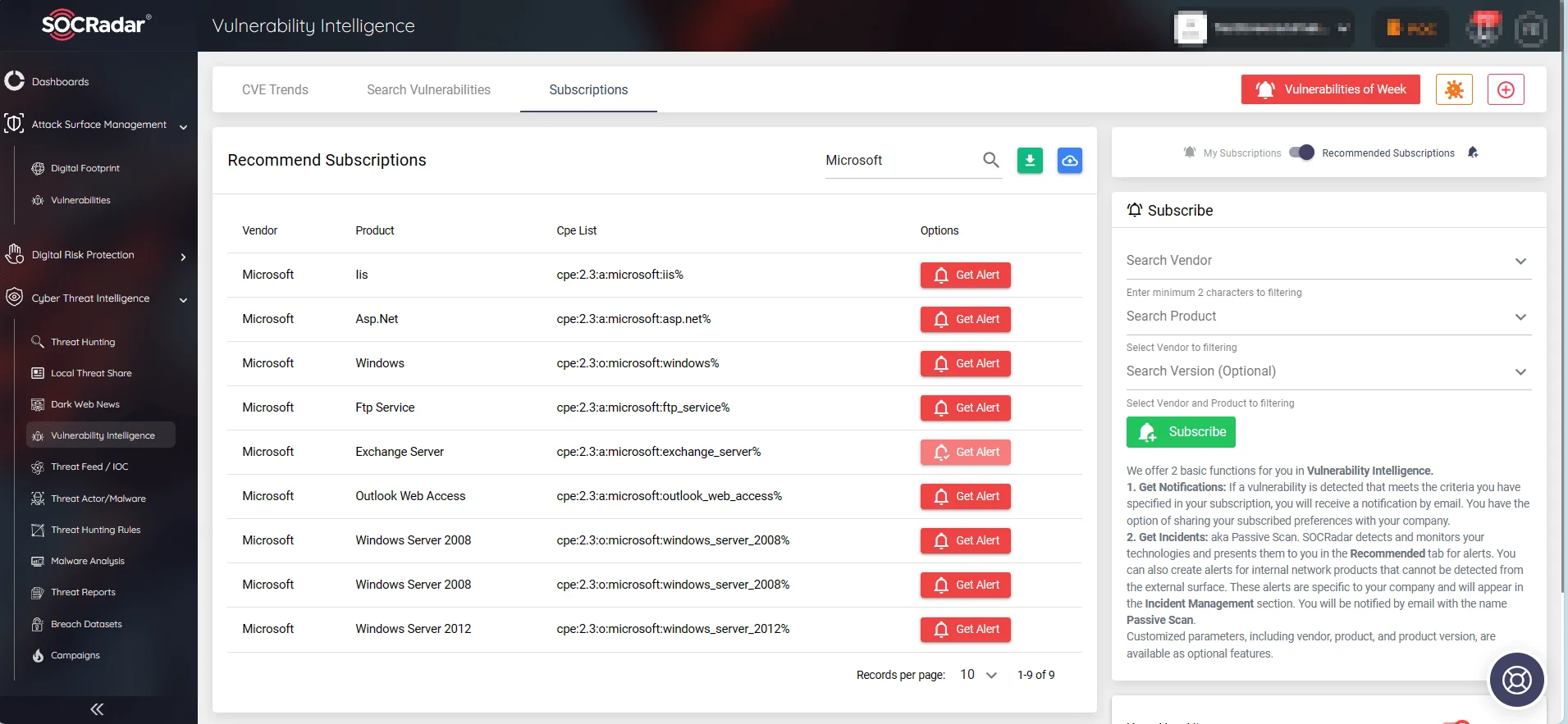 SOCRadar’s Vulnerability Intelligence, Subscriptions page