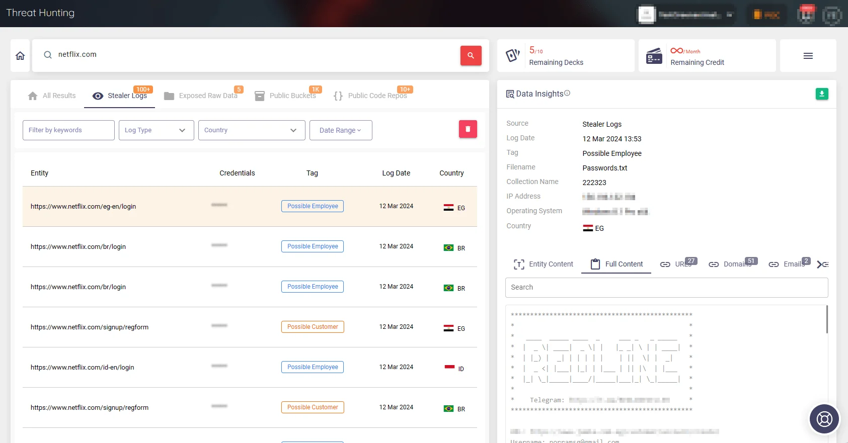 Search on stealer logs for Netflix (SOCRadar Threat Hunting)