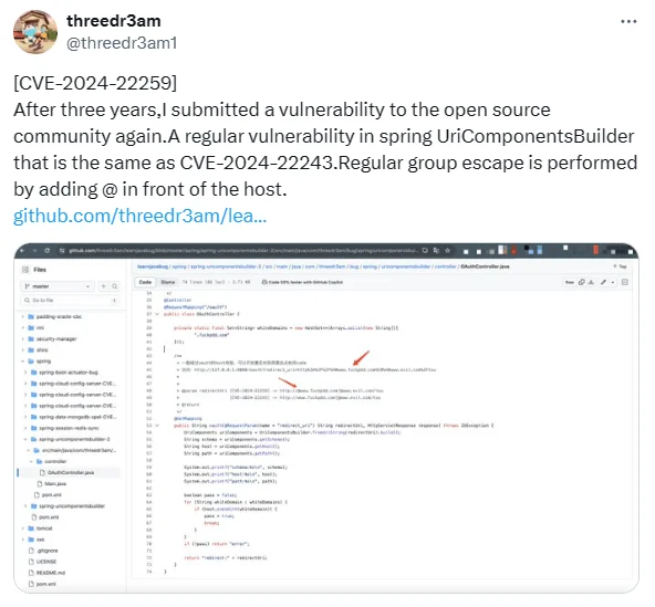 Researcher’s tweet about the new CVE-2024-22259 vulnerability in Spring Framework and its exploitation method (X) 