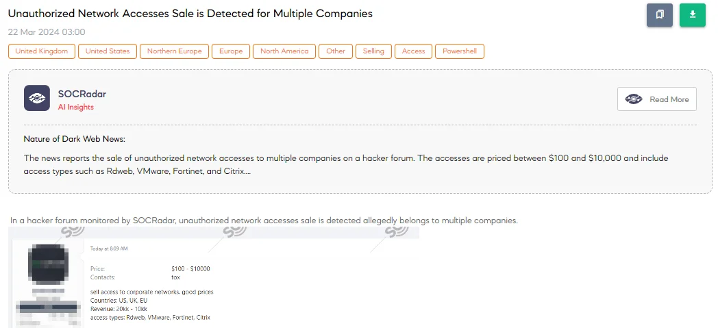 Unauthorized Network Accesses Sale is Detected for Multiple Companies