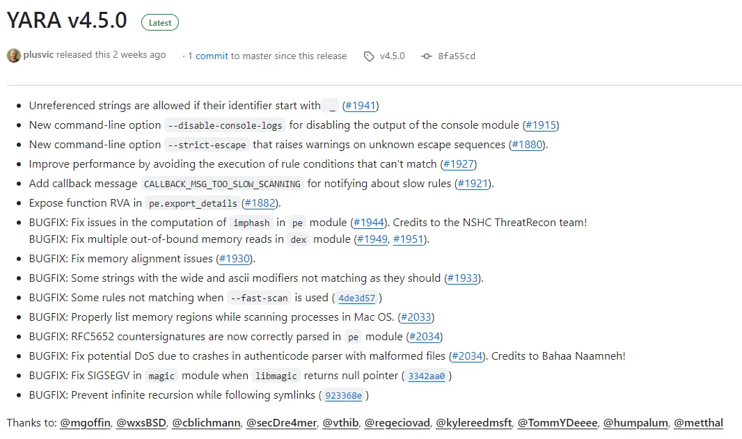 YARA v4.5.0’s changelog in project’s GitHub repository