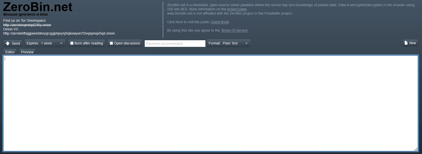 ZeroBin’s main page