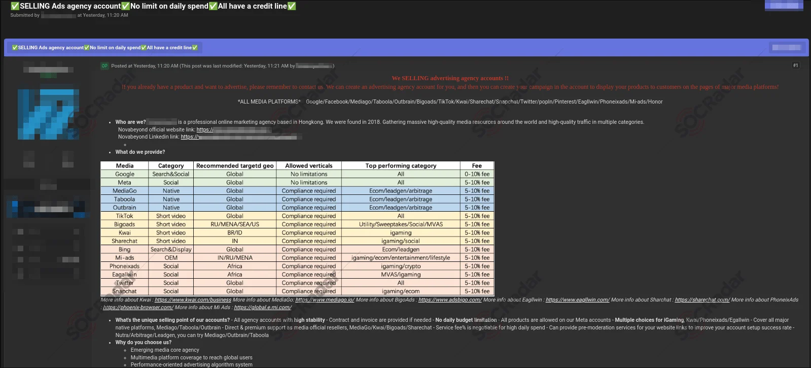 A threat actor selling advertising agency accounts for various social media platforms