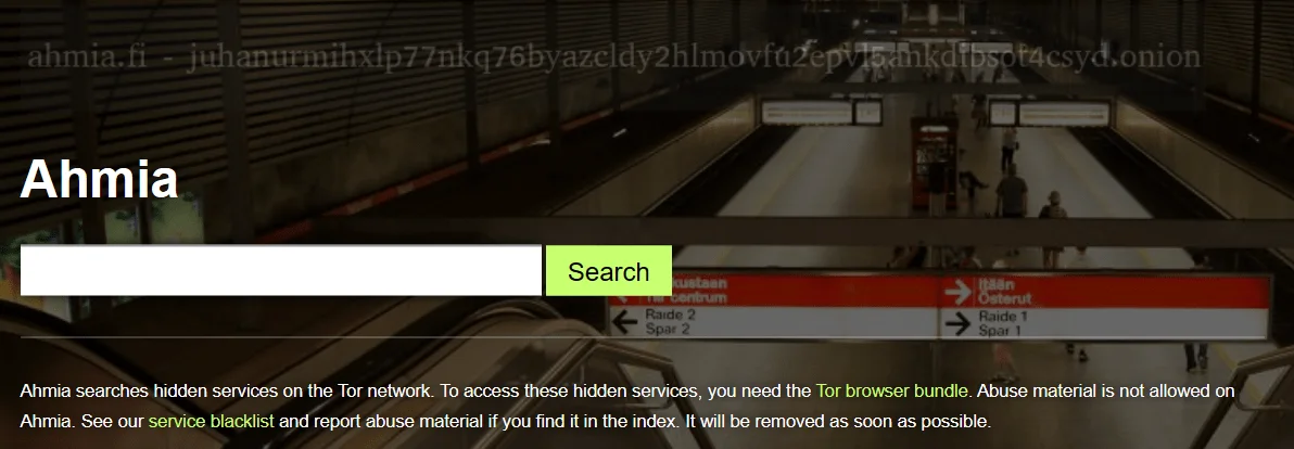 Ahmia.fi search page, dark web tools