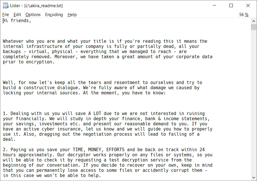 Akira Ransom Note (Avast Threat Labs)