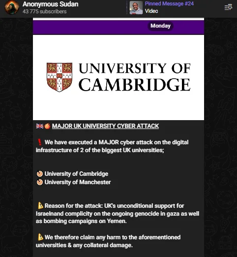 One month later, they claimed responsibility for a DDoS attack aimed at top UK academic institutions.