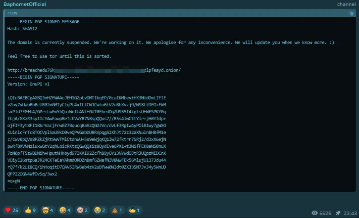 Baphomet, the administrator of BreachForums, announces the suspension of the domain