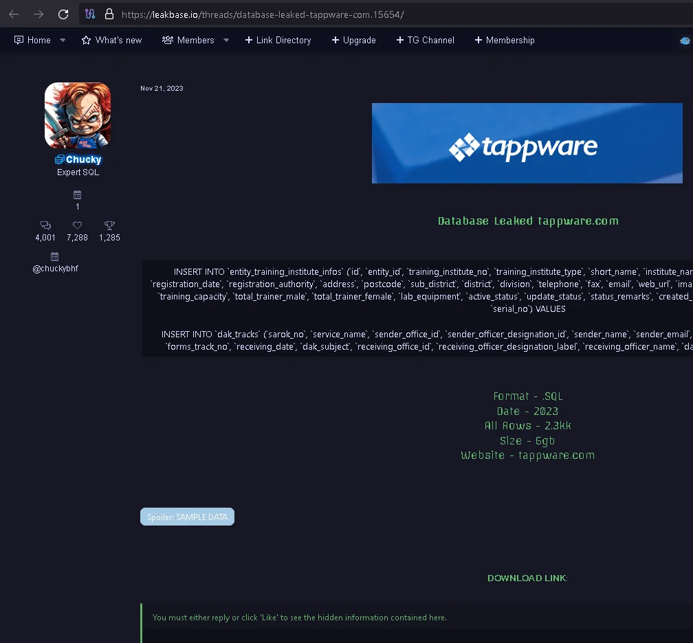 Threat Actor Chucky - Source: leakbase