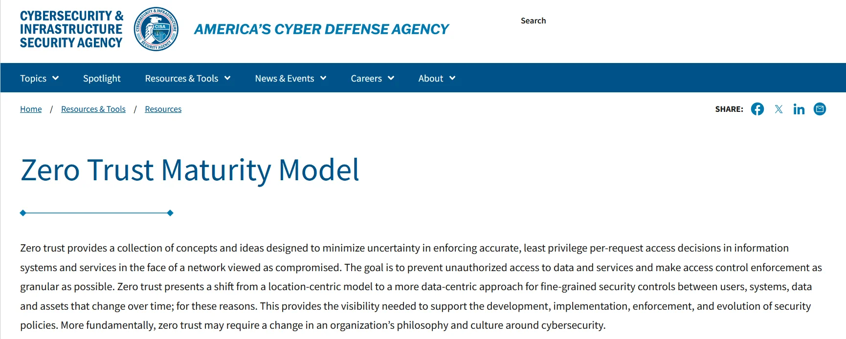 Zero Trust Maturity Model site page in CISA