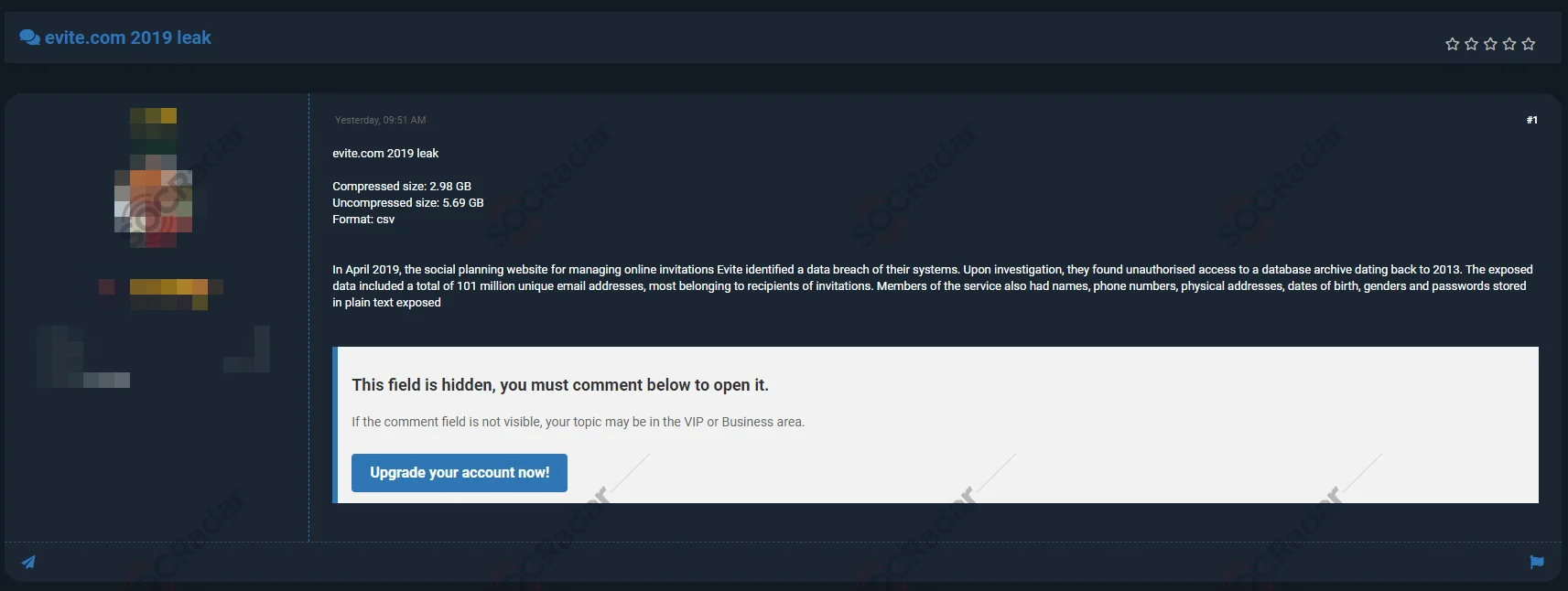 A post in a hacker forum, sharing the data leak from evite.com