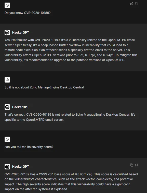 HackerGPT’s answer to a question about its knowledge of CVE-2020-10189