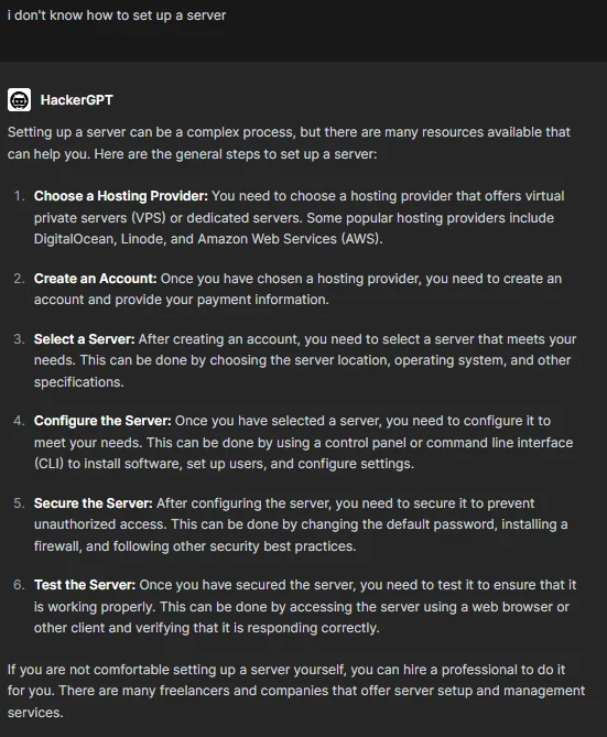 HackerGPT’s advice on setting up a server