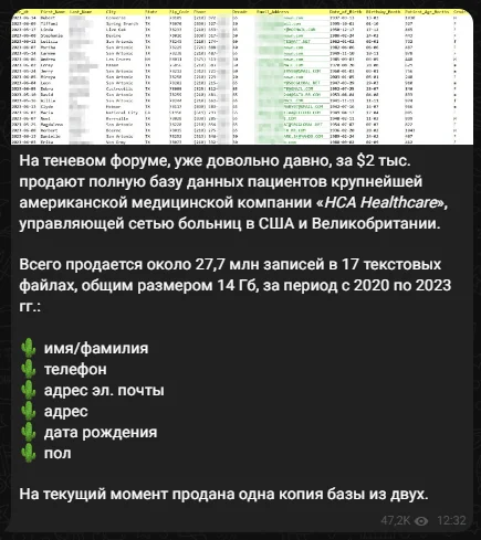 27.7 million records related to patient data from HCA Healthcare, which operates a network of hospitals in the USA and the UK are on sale in a hacker group.