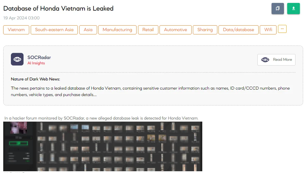 Database of Honda Vietnam is Leaked