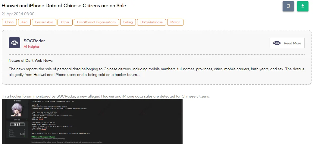 Huawei and iPhone Data of Chinese Citizens are on Sale