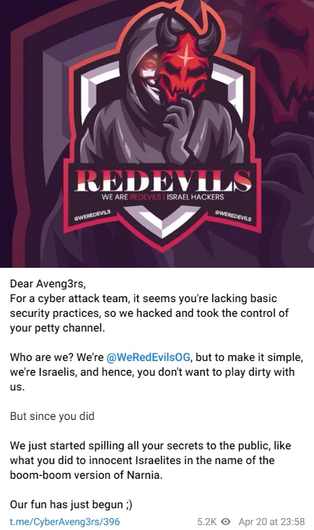 Telegram post of WeRedEvils in CyberAveng3rs’ channel