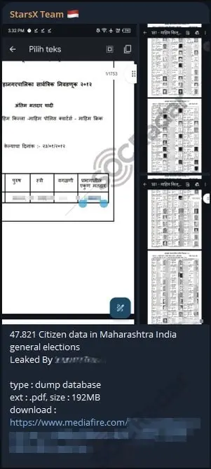 A Telegram channel monitored by SOCRadar. Shows an alleged data leak for Indian citizens