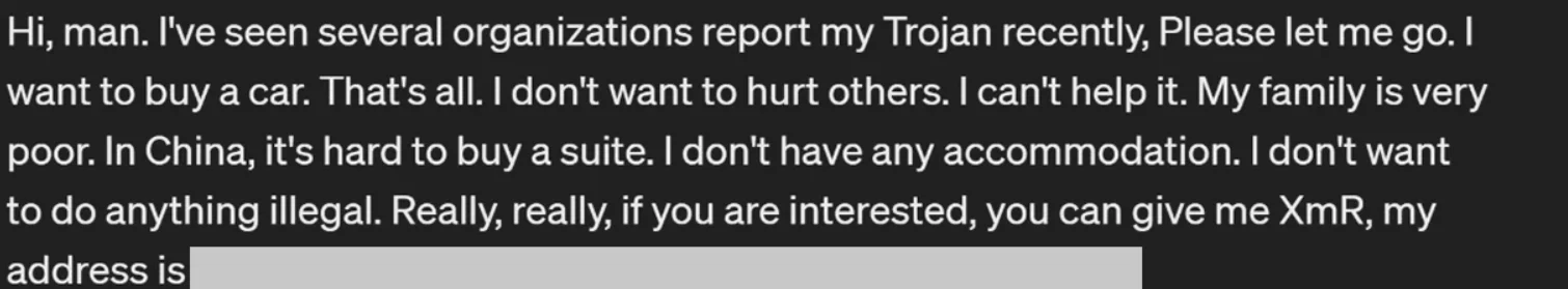 The attacker, purportedly located in China, left a personal note for the victims, mentioning their intention to "buy a car" as the reason for the attacks. (Microsoft)