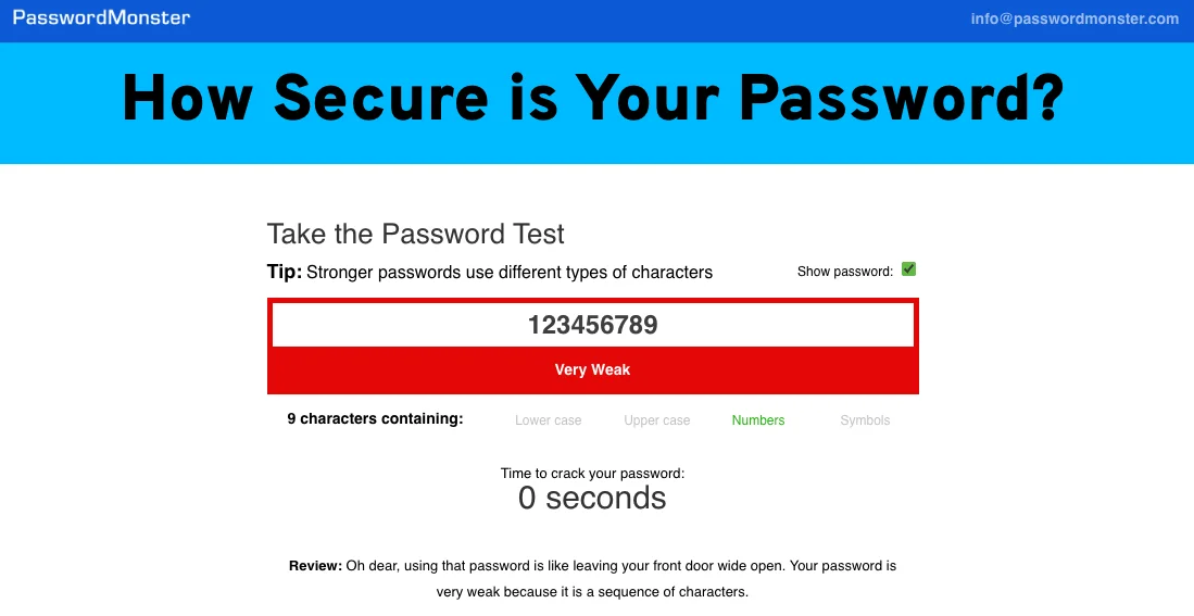 PasswordMonster’s response to a very weak password
