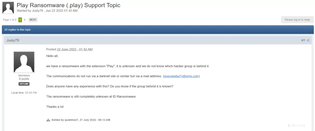 Play Ransomware First Seen