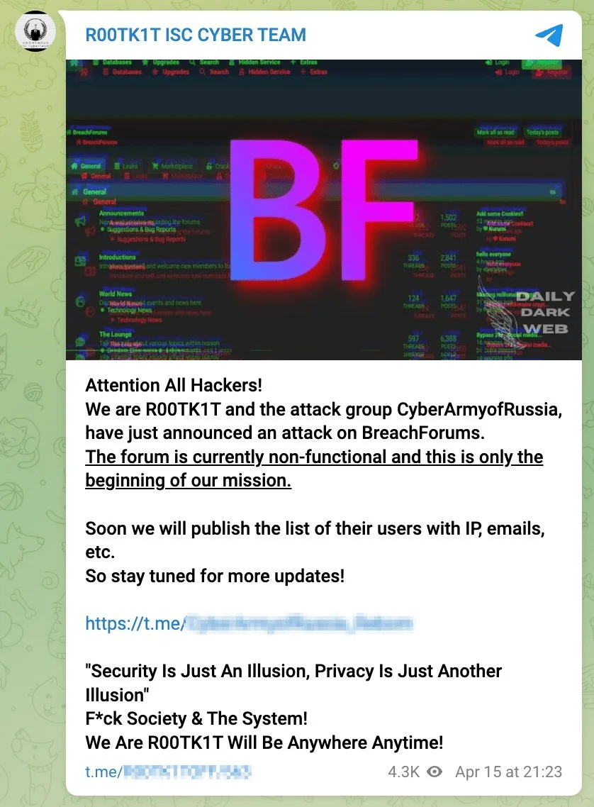 R00TK1T claims to have conducted a cyber attack on BreachForums (Daily Dark Web)