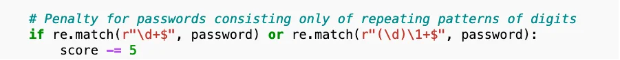 The code sections which apply a penalty for repeating patterns of digits