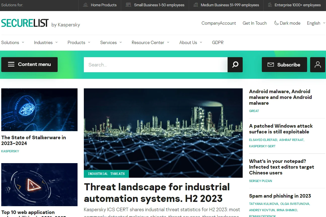 Securelist main page