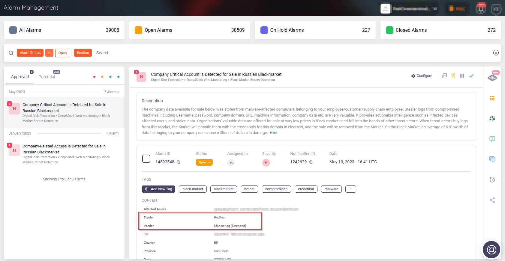 Alarm by SOCRadar: Company account detected on blackmarket