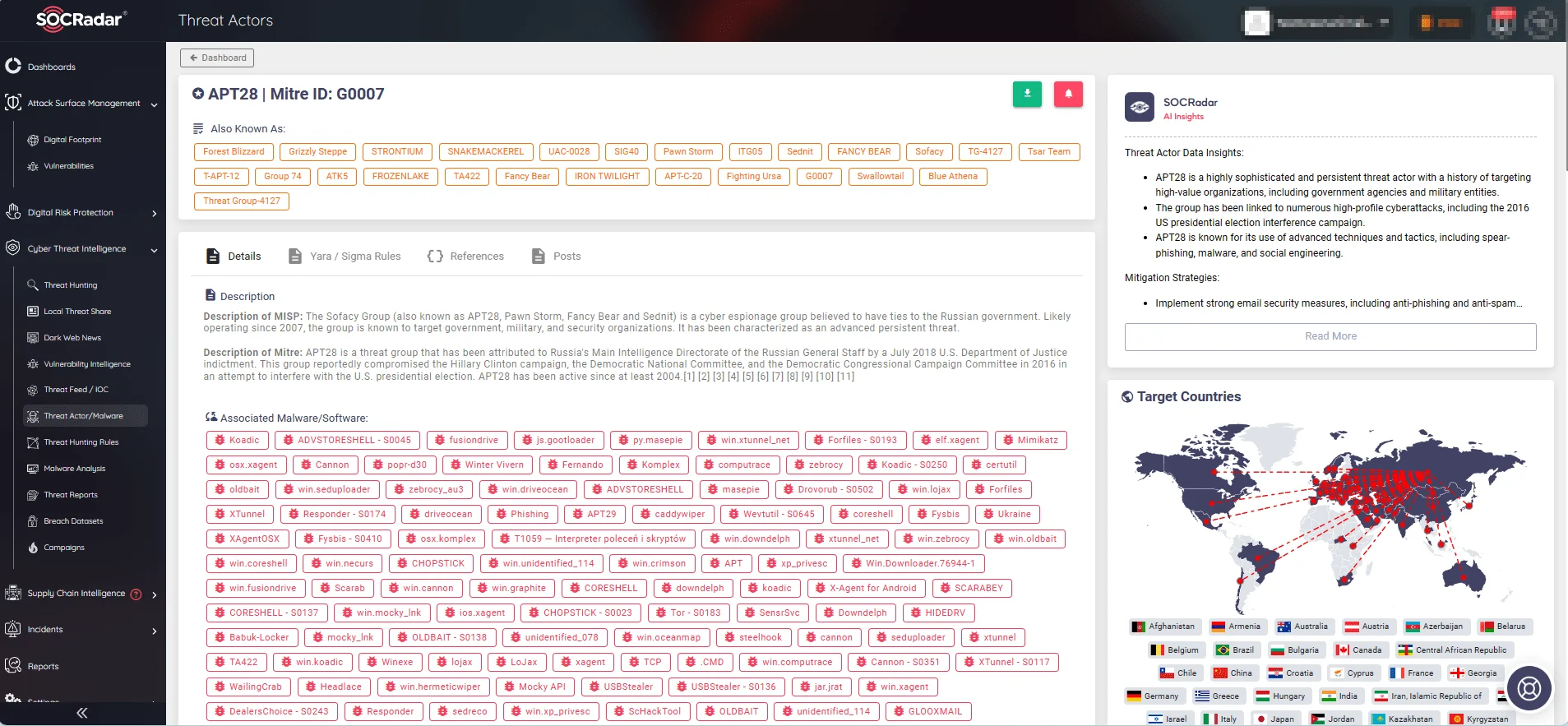 APT28 profile on SOCRadar’s CTI module, Threat Actor/Malware page