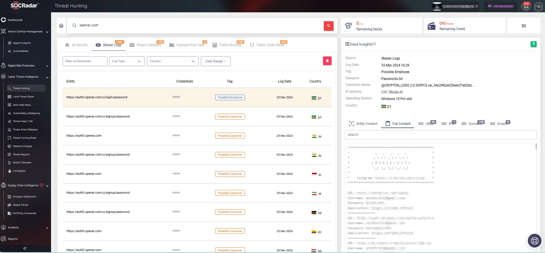 Search on stealer logs for OpenAI (SOCRadar Threat Hunting)