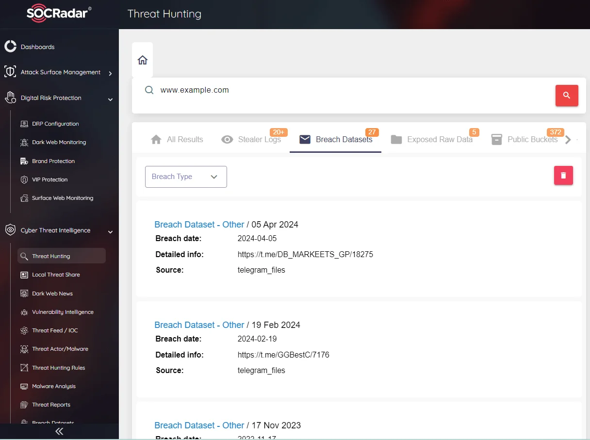 It's also possible to search for specific domains, e-mails or relevant information on Stealer logs and Breach Datasets in SOCRadar Threat Hunting