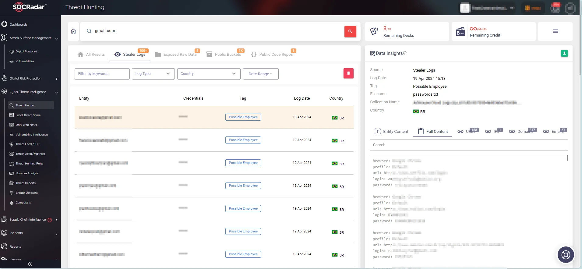 Search on stealer logs for Gmail (SOCRadar Threat Hunting)