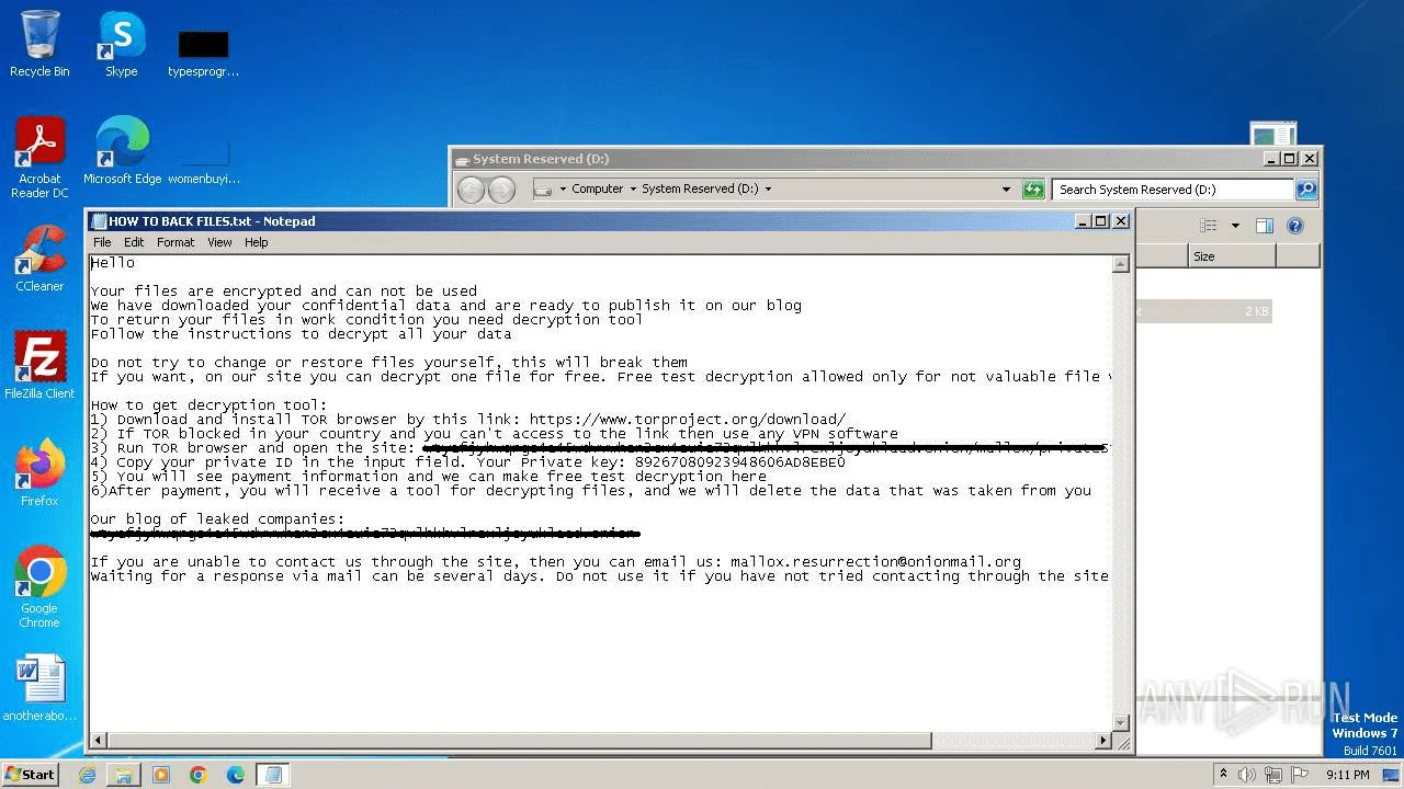 Ransom note delivery, victims are also instructed to install TOR to access their data leak site (Any.run report)