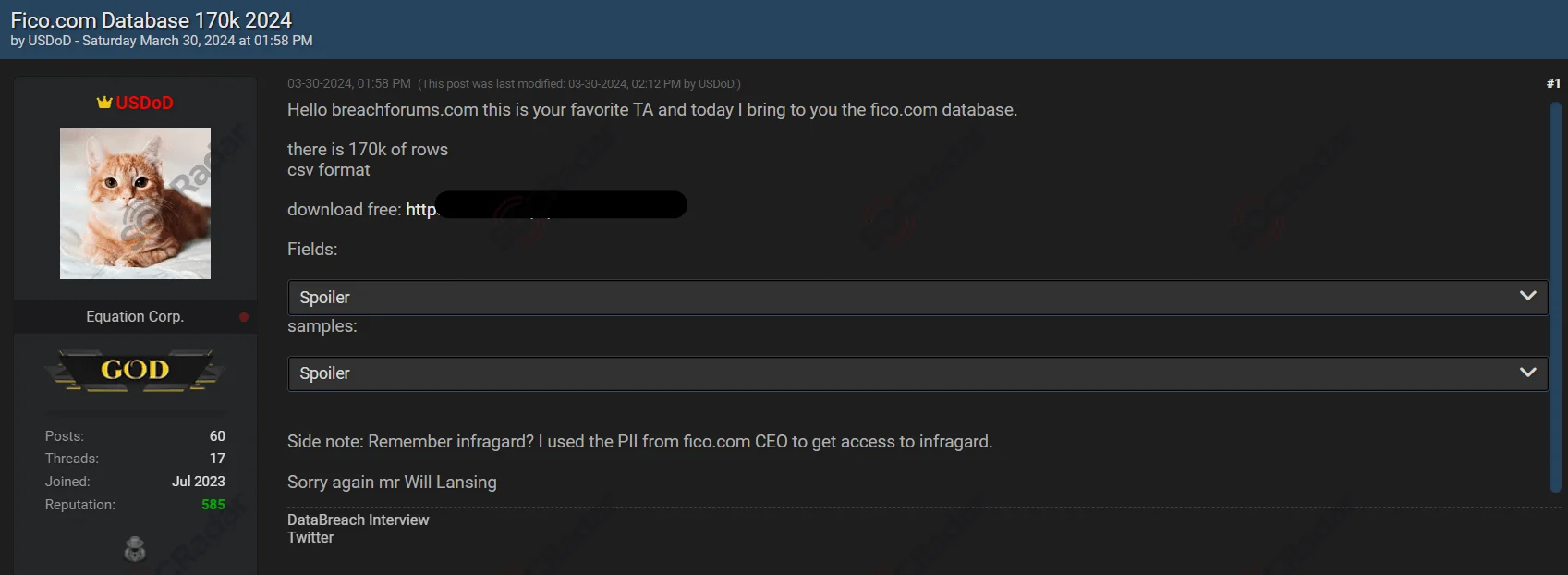 Alleged Fico breach by USDoD