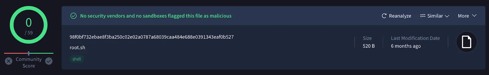 VirusTotal results for the payload.