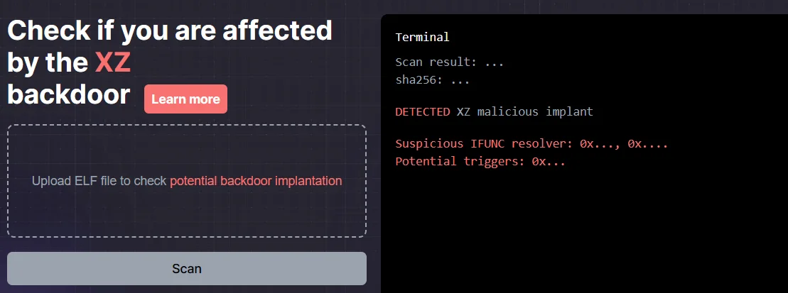 Online scanner for the XZ backdoor, xz.fail