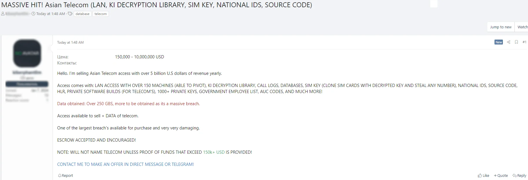 Alleged Major Security Breach in Asian Telecom Detected