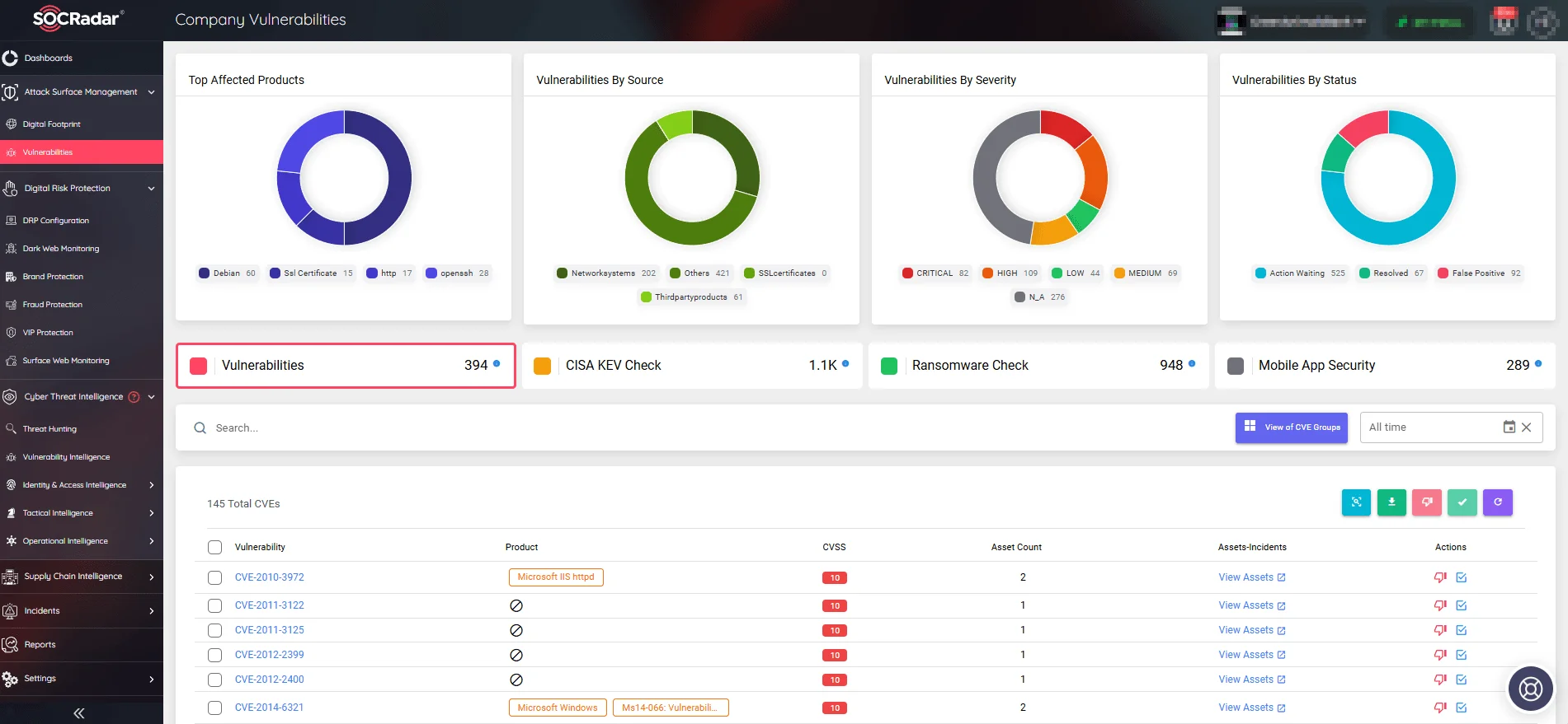 SOCRadar’s Attack Surface Management module, the Company Vulnerabilities page