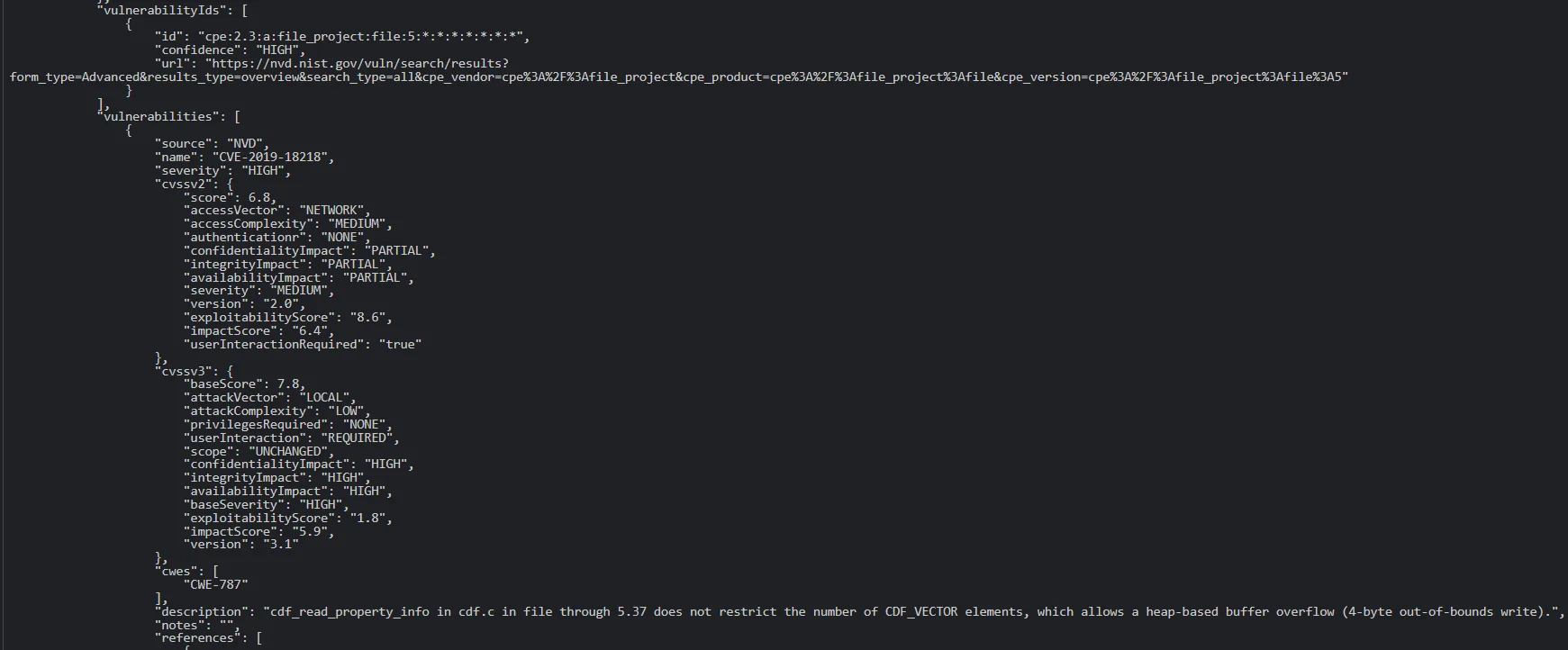 A view of CVEs in the JSON output