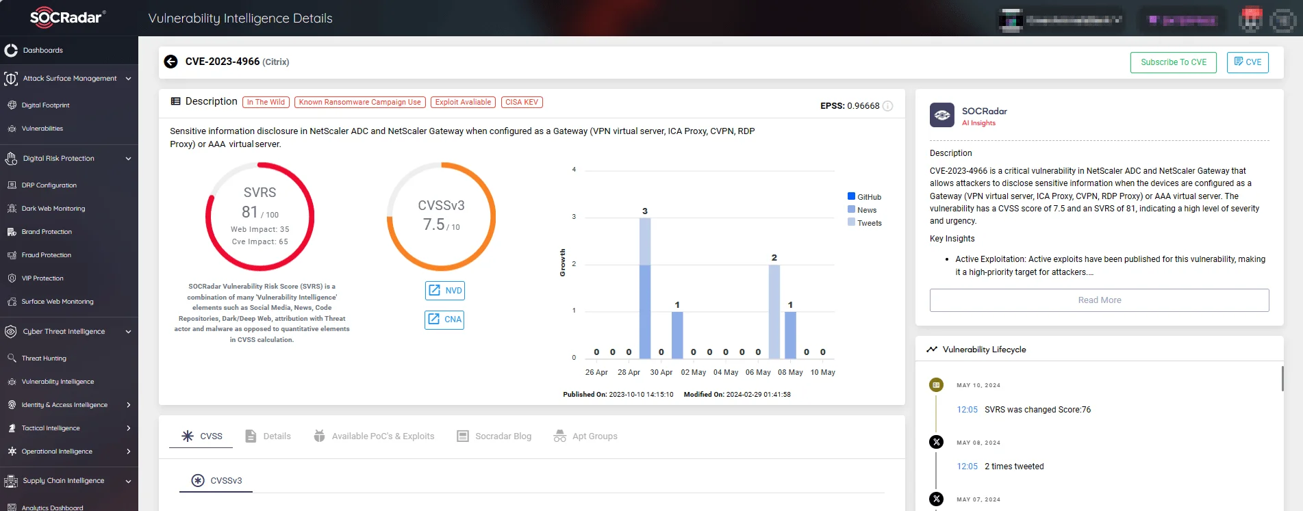 Access details on identified vulnerabilities with SOCRadar’s Vulnerability Intelligence. This includes lifecycle updates, current exploitability based on EPSS scoring, availability of PoC exploits, threat actors targeting it, and more.
