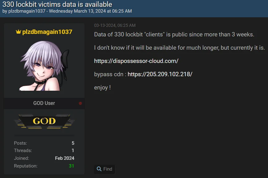 Post about Dispossessor in a hacker forum