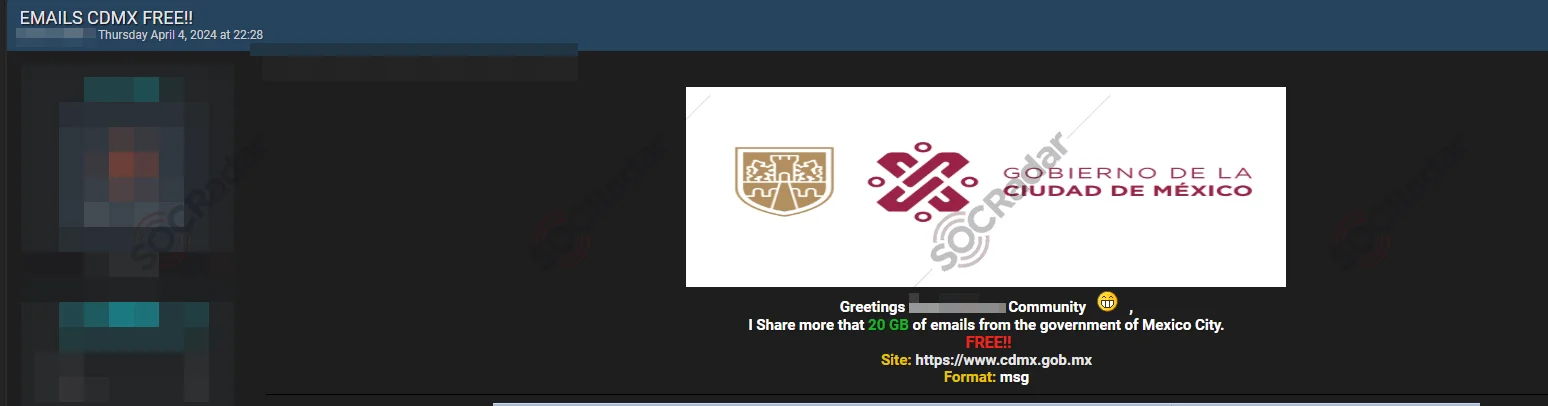 SOCRadar has detected a threat actor claiming to share emails from the Government of Mexico City