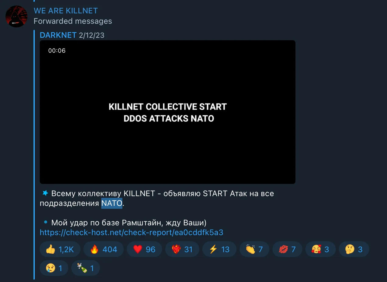 Official Announcement of DDoS Attacks by KillNet on NATO Websites - Screenshot from KillNet Telegram Channel