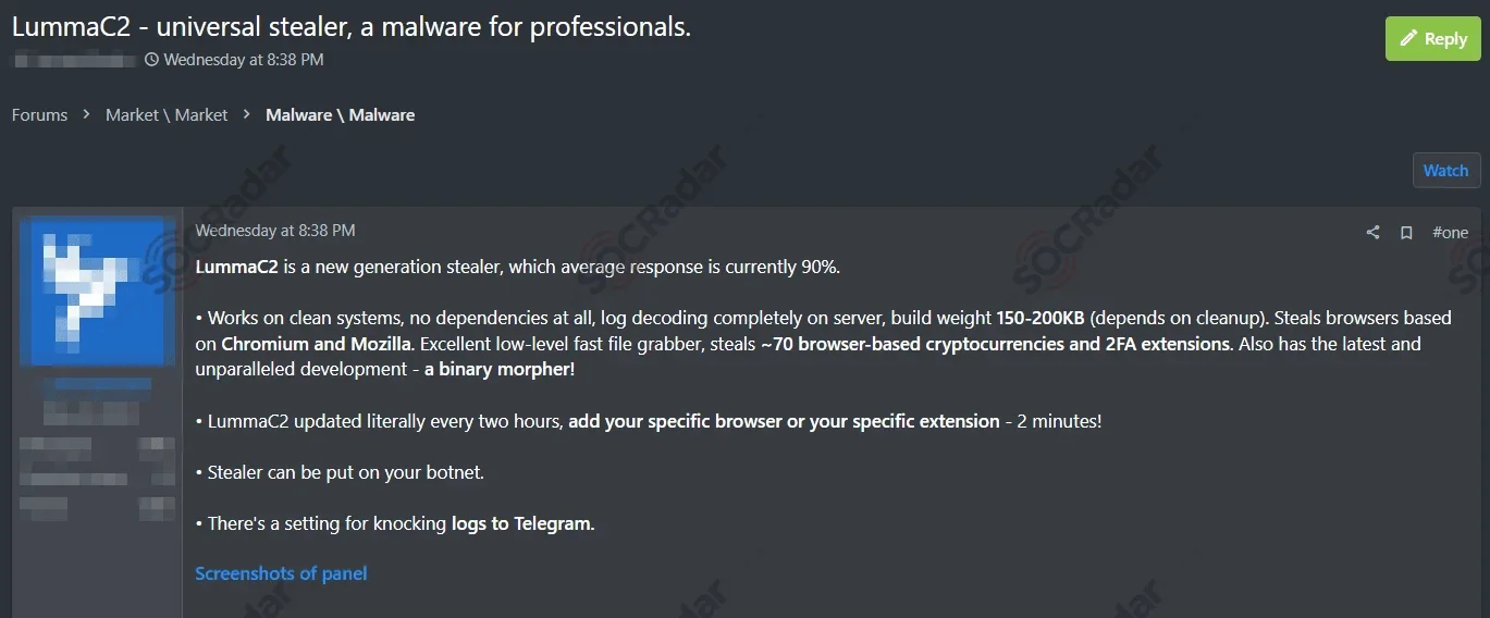 A LummaC2 sale post from 2023, advertising an upgraded version (SOCRadar Dark Web News)